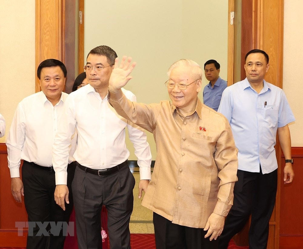 Tổng Bí thư Nguyễn Phú Trọng đến dự buổi gặp mặt. Ảnh: Trí Dũng/TTXVN.  