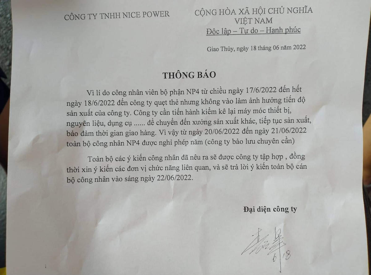 Nội dung thông báo chiều ngày 18/6 của chủ sử dụng lao động tới các công nhân tham gia đình công.