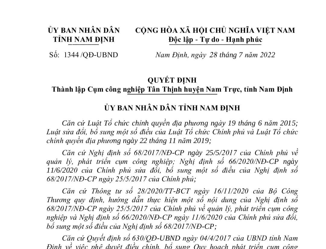Văn bản quyết định thành lập Cụm công nghiệp Tân Thịnh của UBND tỉnh Nam Định.