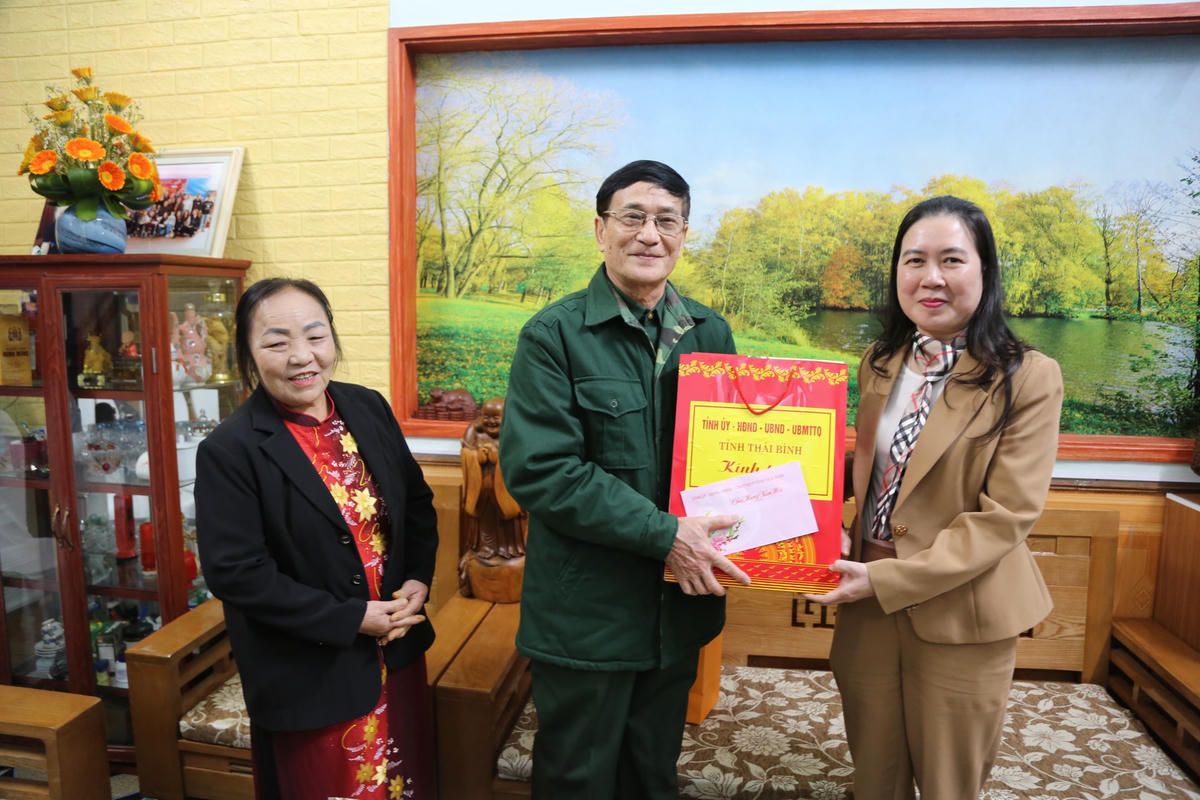 Bà Trần Thị Bích Hằng, Tỉnh ủy viên, Phó Chủ tịch UBND tỉnh tặng quà của Tỉnh ủy, HĐND, UBND tỉnh cho thương binh Đỗ Đức Tiếp.