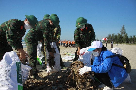 Bộ đội tham gia làm sạch bãi biển Mỹ Khê (Quảng Ngãi) Ảnh: Nguyễn Trang.