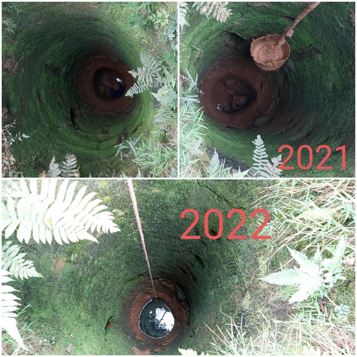 Giếng nước của người dân bản Na Hiêng, bản Công vào tháng 3/2021 và tháng 6/2022. (Ảnh: Điền Bắc).