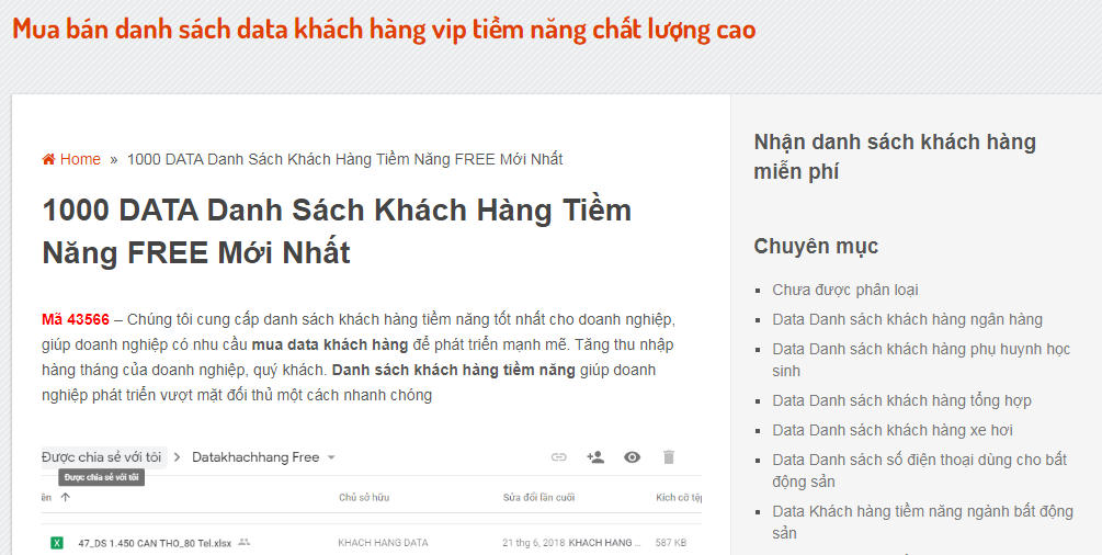 Danh sách khách hàng được bán trên một trang mạng.