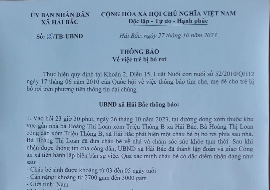 Thông báo của UBND xã Hải Bắc.