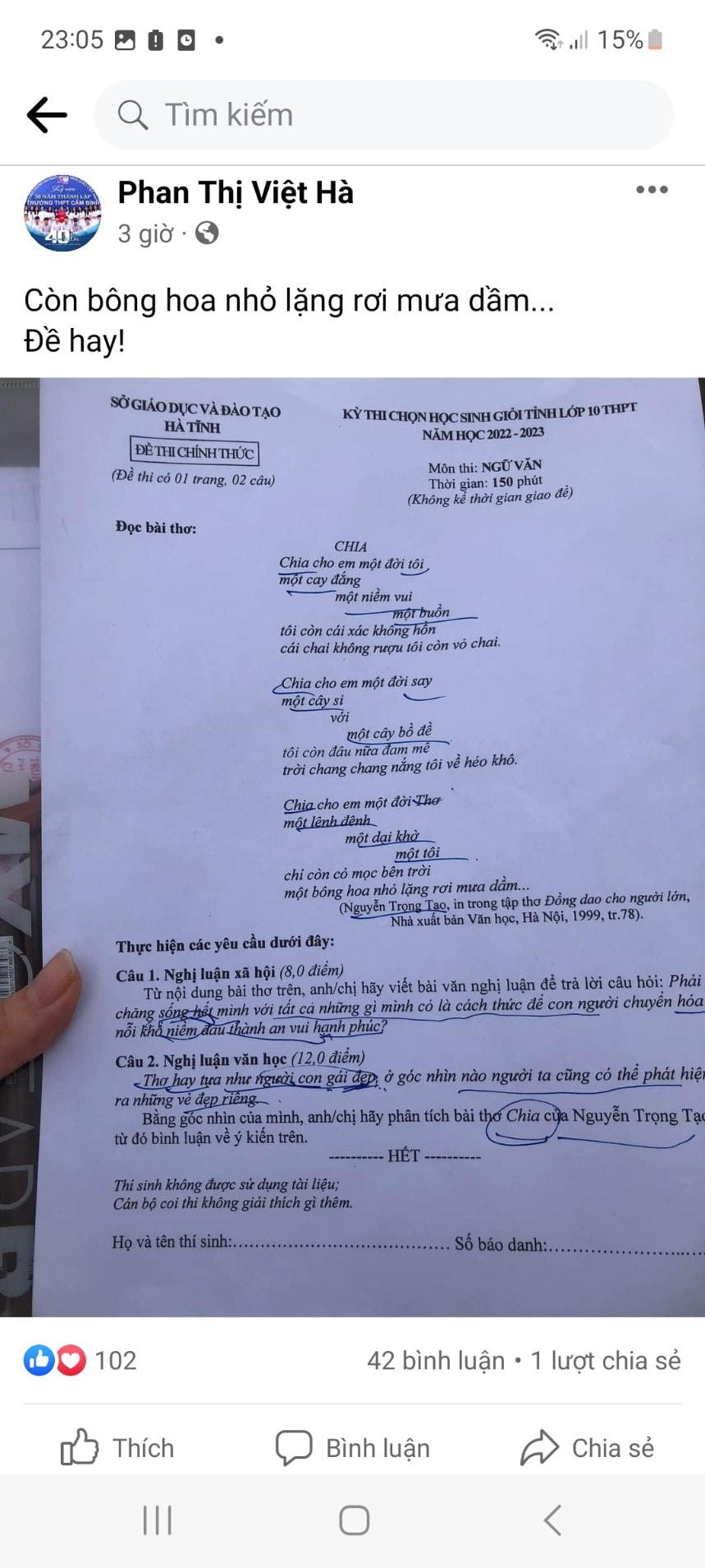 Đa phần các ý kiến trên mạng xã hội khen đề thi hay.