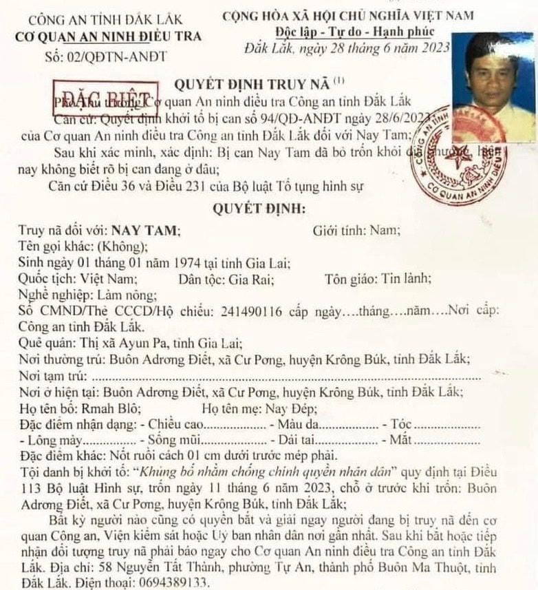 Quyết định truy nã đối với  Nay Tam.