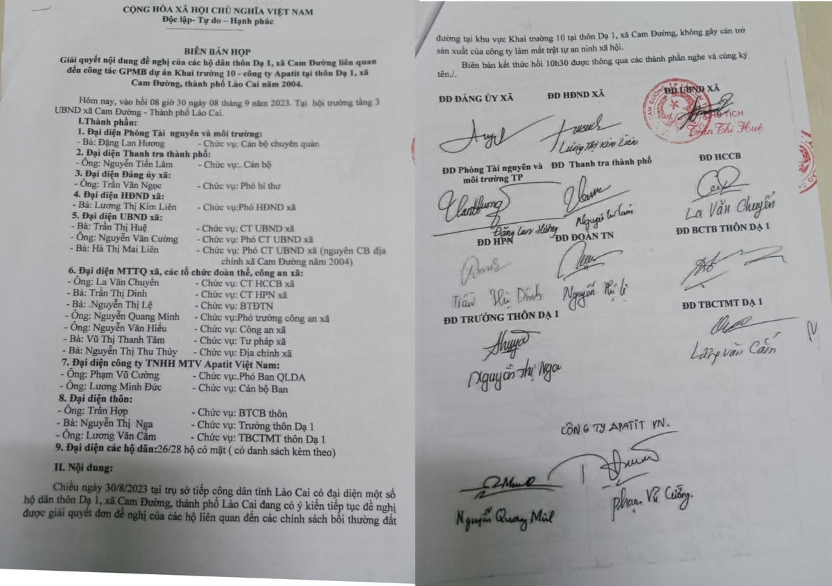 Đã 18 năm kể từ khi UBND TX Lào Cai (nay là TP Lào Cai) ra các quyết định thu hồi đất, hàng trăm ha đất bàn giao cho Công ty TNHH MTV Apatit Việt Nam để khai thác mỏ, nhưng đến nay công tác đền bù, giải phóng mặt bằng vẫn chưa được giải quyết thỏa đáng. Ảnh: Biên bản buổi làm việc ngày 8/9/2023.