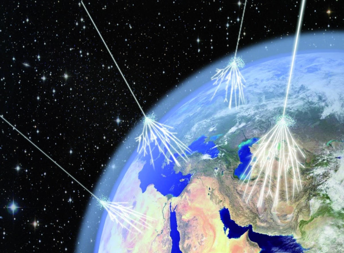 Các tia vũ trụ, là các hạt năng lượng cực cao có nguồn gốc từ khắp nơi trong Vũ trụ, bao gồm cả Mặt trời, tấn công các hạt nhân nguyên tử ở tầng trên của bầu khí quyển và tạo ra các trận mưa hạt mới. Ảnh: Bigthink.