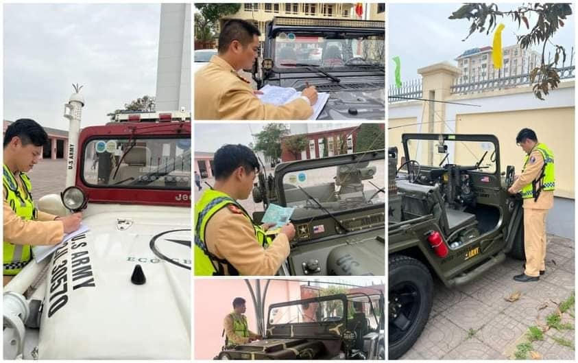 Cơ quan công an tiến hành kiểm tra dàn xe Jeep.