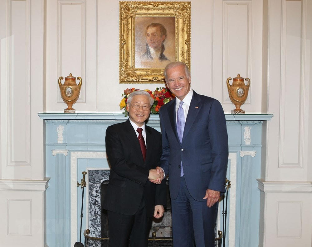 Tổng Bí thư Nguyễn Phú Trọng dự chiêu đãi của Chính phủ Hoa Kỳ do Phó Tổng thống Hoa Kỳ Joe Biden chủ trì trong chuyến thăm chính thức Hoa Kỳ tháng 7/2015. (Ảnh: Trí Dũng/TTXVN).