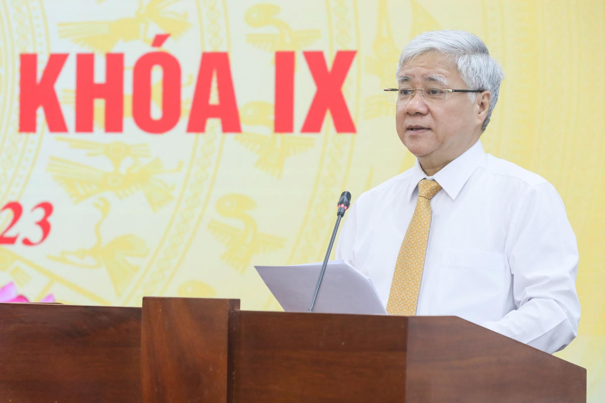 Bí thư Trung ương Đảng, Chủ tịch UBTƯ MTTQ Việt Nam Đỗ Văn Chiến phát biểu kết luận Hội nghị. Ảnh: Quang Vinh.