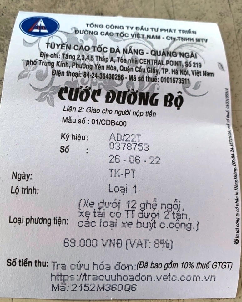 Mẫu phiếu thu tiền cước tuyến cao tốc Đà Nẵng - Quảng Ngãi.