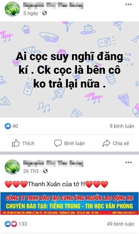 Facebook của chị Nguyễn Thị Thu D. thường xuyên tuyển học viên, giáo viên.