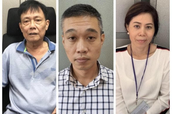 Bị can Phạm Văn Thắng (trái) cùng cấp dưới Nguyễn Văn Quân và Nguyễn Thị Ngọc Uyên tại cơ quan công an.  Ảnh: Công an cung cấp