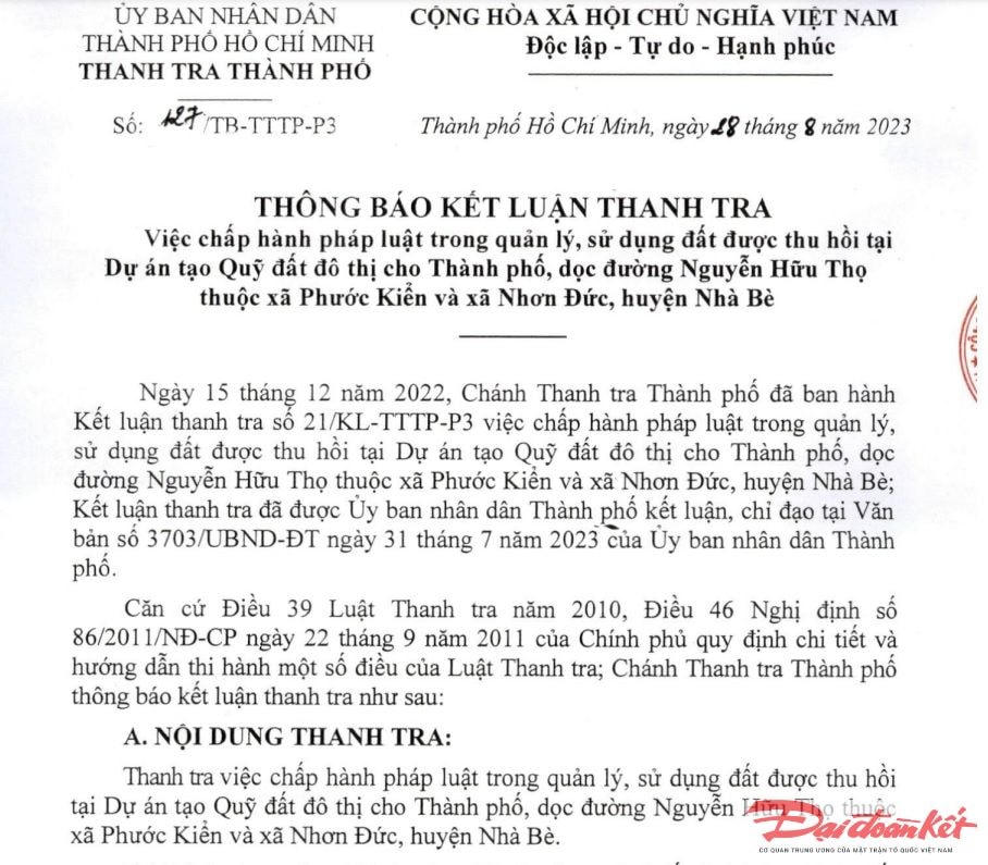 Thông báo kết luận thanh tra về việc chấp hành pháp luật trong quản lý, sử dụng đất được thu hồi tại Dự án tạo Quỹ đất đô thị cho TP HCM.