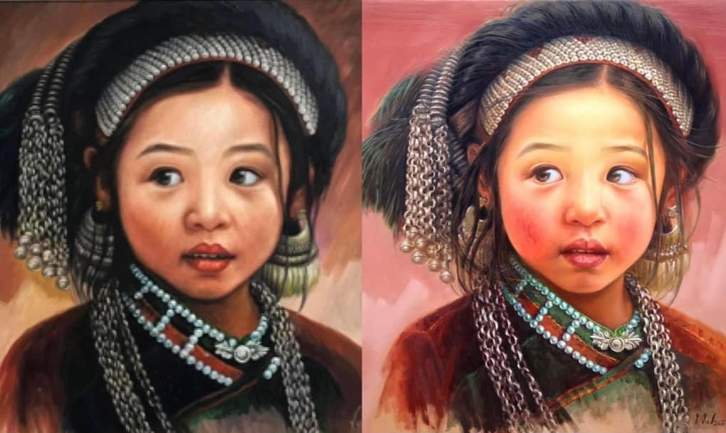 Tác phẩm Lì xì nhé thật (bên phải) và bản chép.