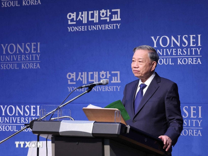 Tổng Bí thư Tô Lâm phát biểu chính sách tại Trường Đại học Yonsei. (Ảnh: Thống Nhất/TTXVN)