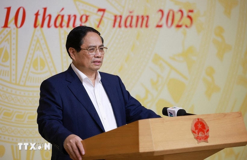 Thủ tướng Phạm Minh Chính chủ trì Hội nghị đánh giá 3 năm thực hiện Nghị quyết số 18-NQ/TW và 1 năm thi hành Luật Đất đai năm 2024. (Ảnh: Dương Giang/TTXVN)