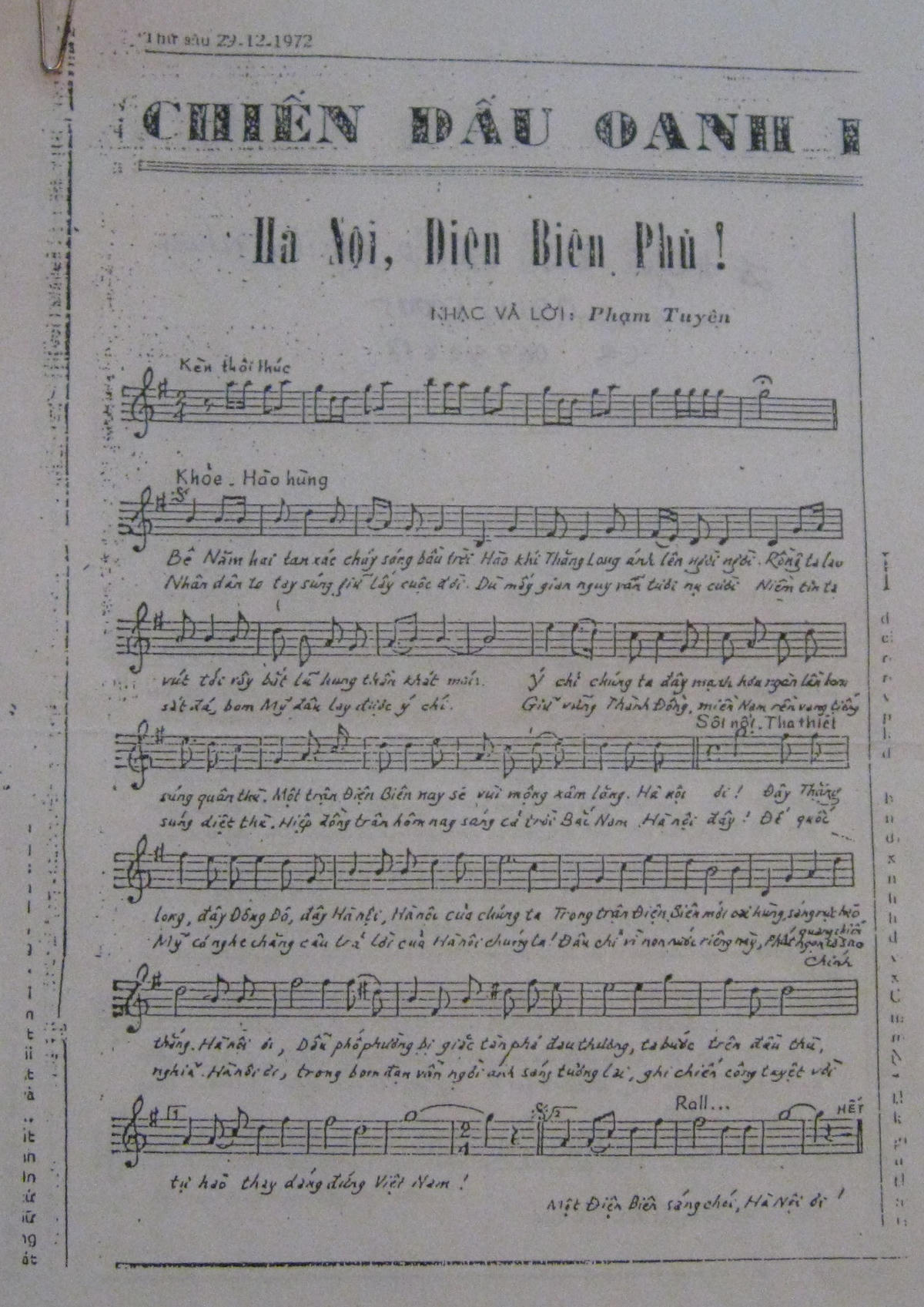Bản nhạc “Hà Nội, Điện Biên Phủ” đã in trên báo Nhân dân số ra ngày 29/12/1972.