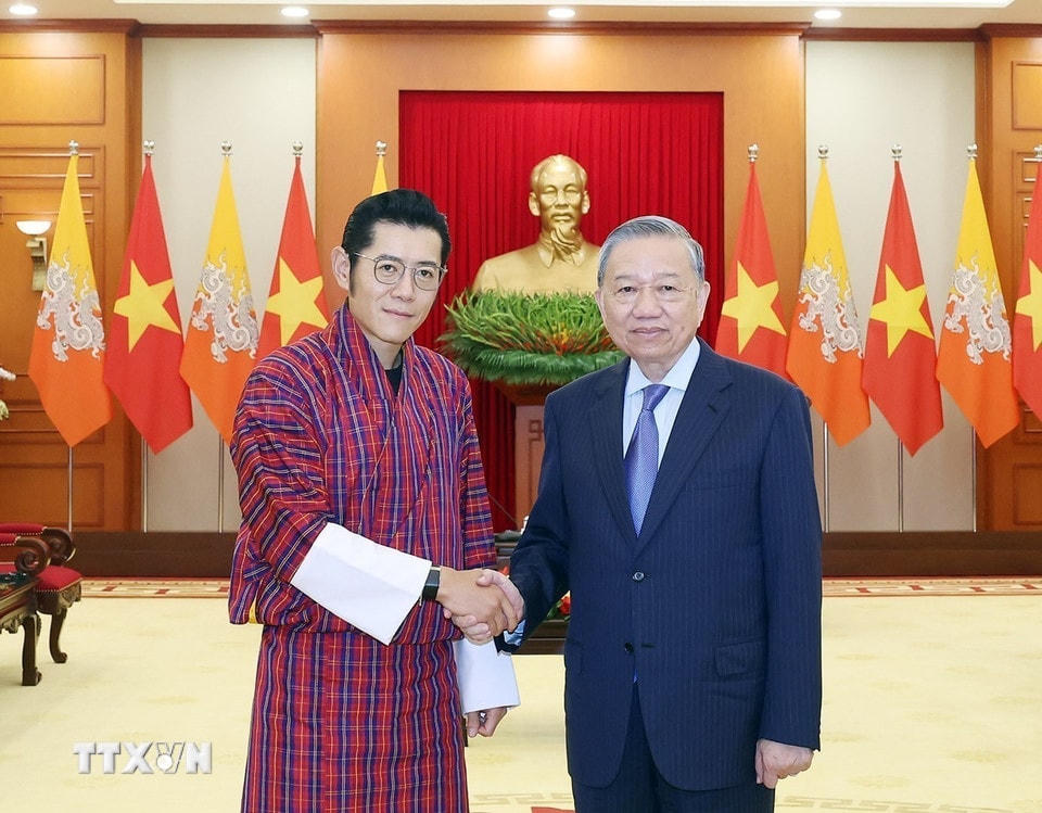 Tổng Bí thư Tô Lâm tiếp Quốc vương Bhutan Jigme Khesar Namgyel Wangchuck. (Ảnh: Thống Nhất/TTXVN)