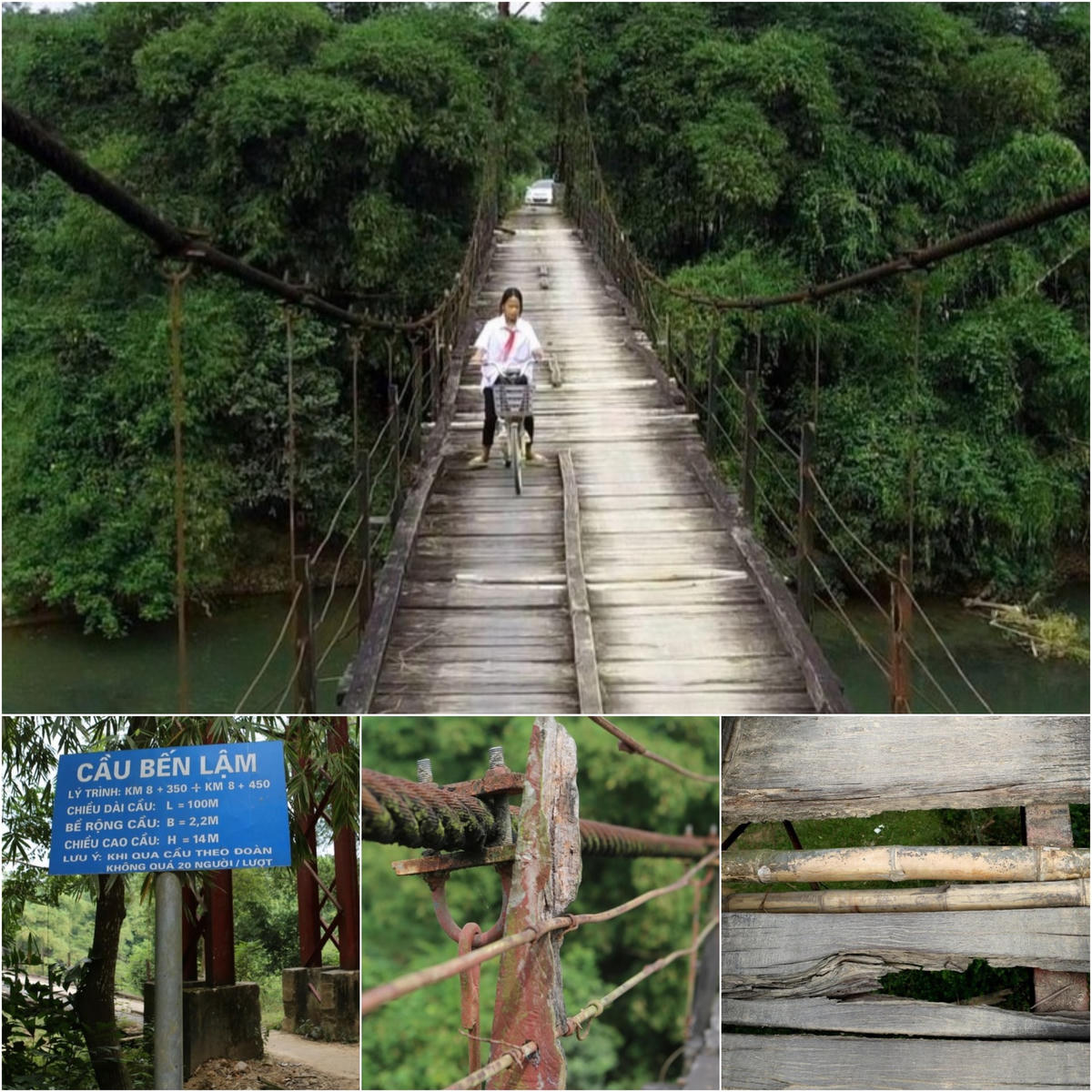 Cầu treo Bến Lậm đã xuống cấp, hư hỏng khiến người dân vô cùng lo lắng.