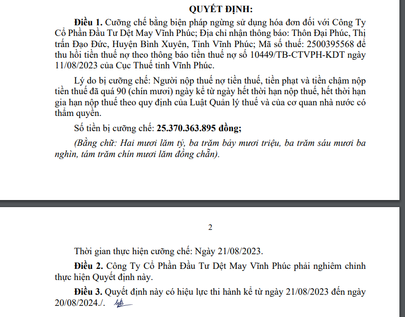 Quyết định cưỡng chế đối với Công ty cổ phần Đầu tư Dệt May Vĩnh Phúc.