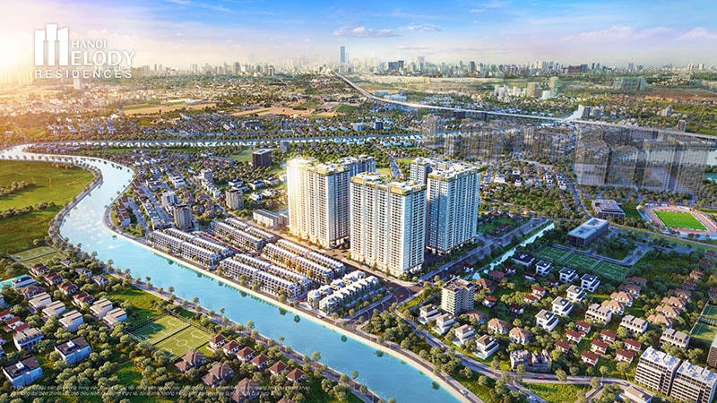 Hanoi Melody Residences sở hữu vị trí đắc địa, bao quanh bởi những mảng xanh rộng lớn.