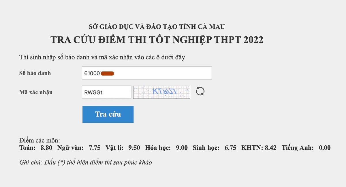 Điểm các môn thi của em H.N.T. (Ảnh: chụp từ màn hình)