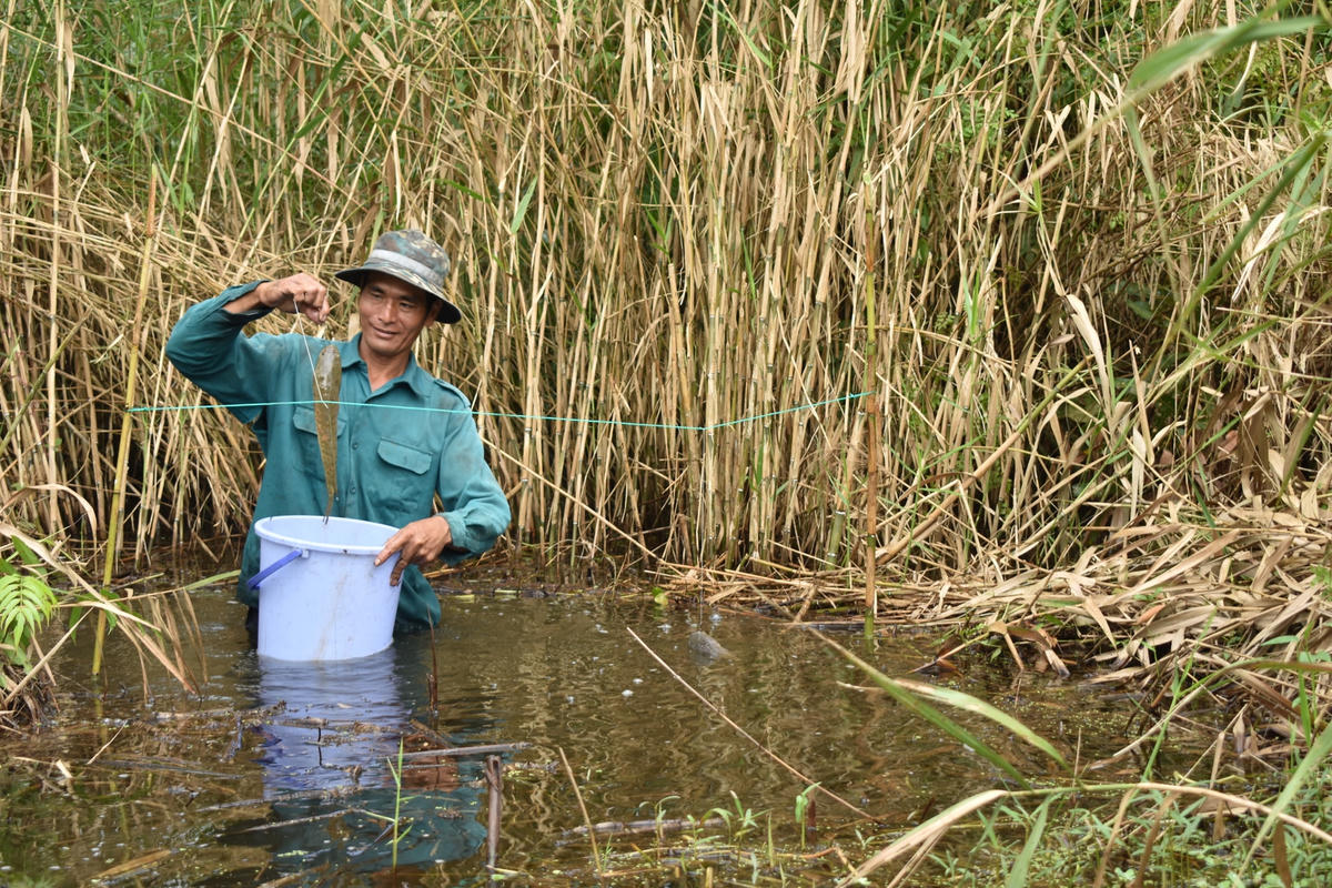 Niềm vui của anh Hoàng khi cá cắn câu.