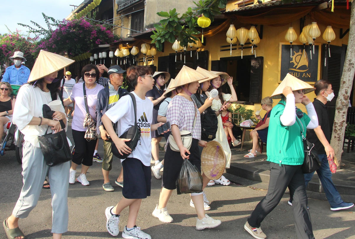 Từng đoàn khách du lịch đi tham quan phố cổ Hội An.