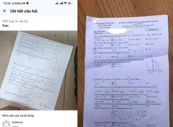 Đề thi phát tán trên mạng (bên trái) được cho là khá giống với môn Toán trong kỳ thi tốt nghiệp THPT 2022. Ảnh: H.A.