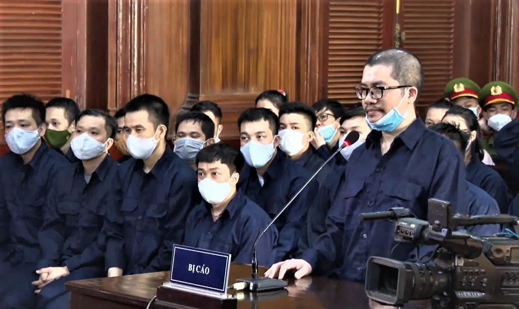 Các bị cáo tại phiên tòa sơ thẩm.