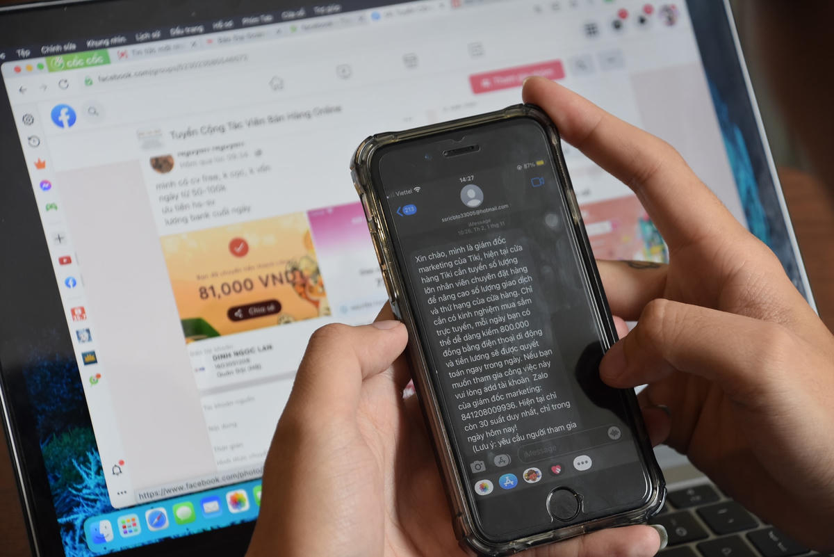 Nhan nhản tin nhắn mời chào bán hàng online với hoa hồng ngất ngưởng. Ảnh: Hoàng Chiến.