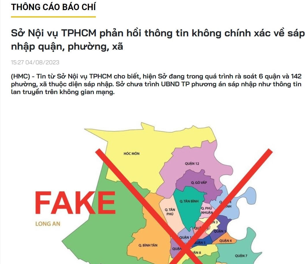 Trung tâm Báo chí TP HCM (HMC) thông tin về tin tức giả mạo, thất thiệt liên quan đến công tác quy hoạch của TP HCM. (Ảnh chụp màn hình).