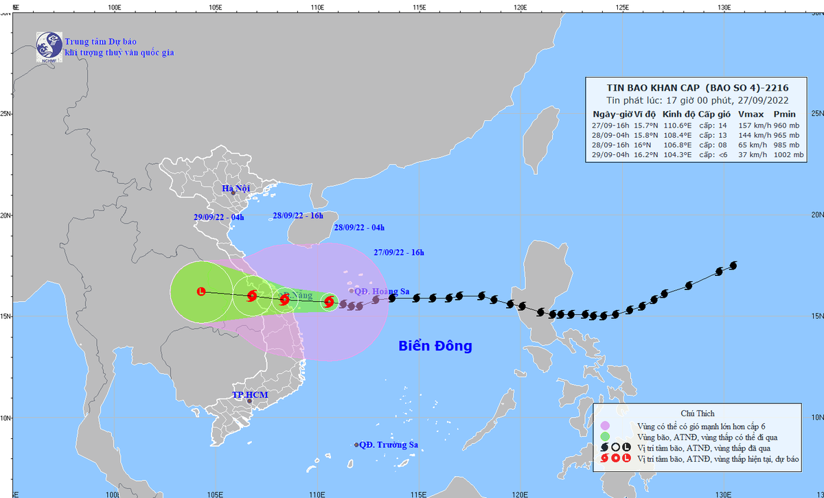 Dự báo đường đi của bão Noru. Ảnh: Trung tâm Dự báo Khí tượng thủy văn quốc gia.