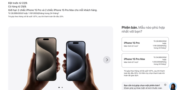 Giá bán của iPhone 15 trên website Apple Store Việt Nam. (Ảnh chụp màn hình).