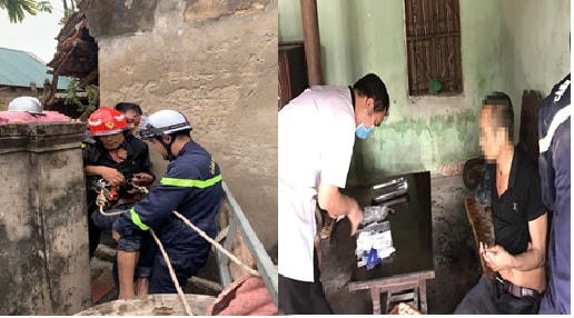 Nạn nhân được đưa ra khỏi giếng an toàn và được kiểm tra sức khỏe. Ảnh: Công an TP Hà Nội.