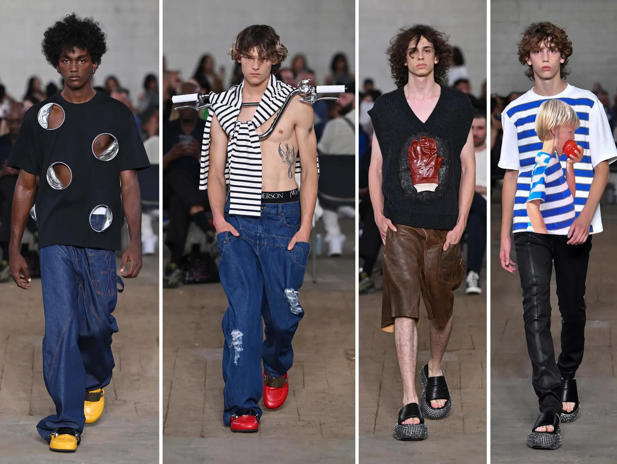 Nhà mốt JW Anderson - JW Anderson, con cưng của giới điệu mộ London và giám đốc sáng tạo của Loewe, đã trình làng BST đầu tay sau khi bị gián đoạn bởi đại dịch Covid-19. Những dấu ấn nổi bật trong BST là áo nỉ dài tay với tay lái xe đạp và chiếc váy hình khối giống như bọt biển đính kèm những viên kim cương (được nhận xét là xu hướng của mùa hè này).