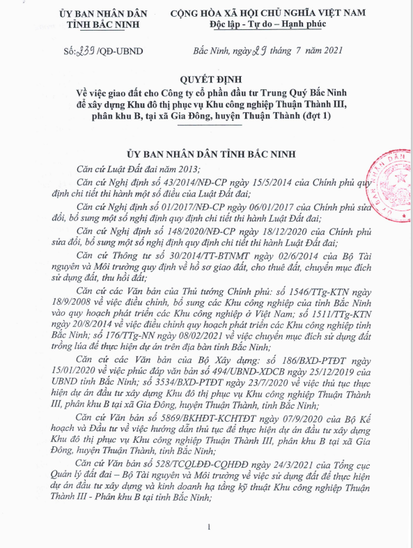 Quyết định giao đất đợt 1 cho Công ty cổ phần đầu tư Trung Quý-Bắc Ninh.