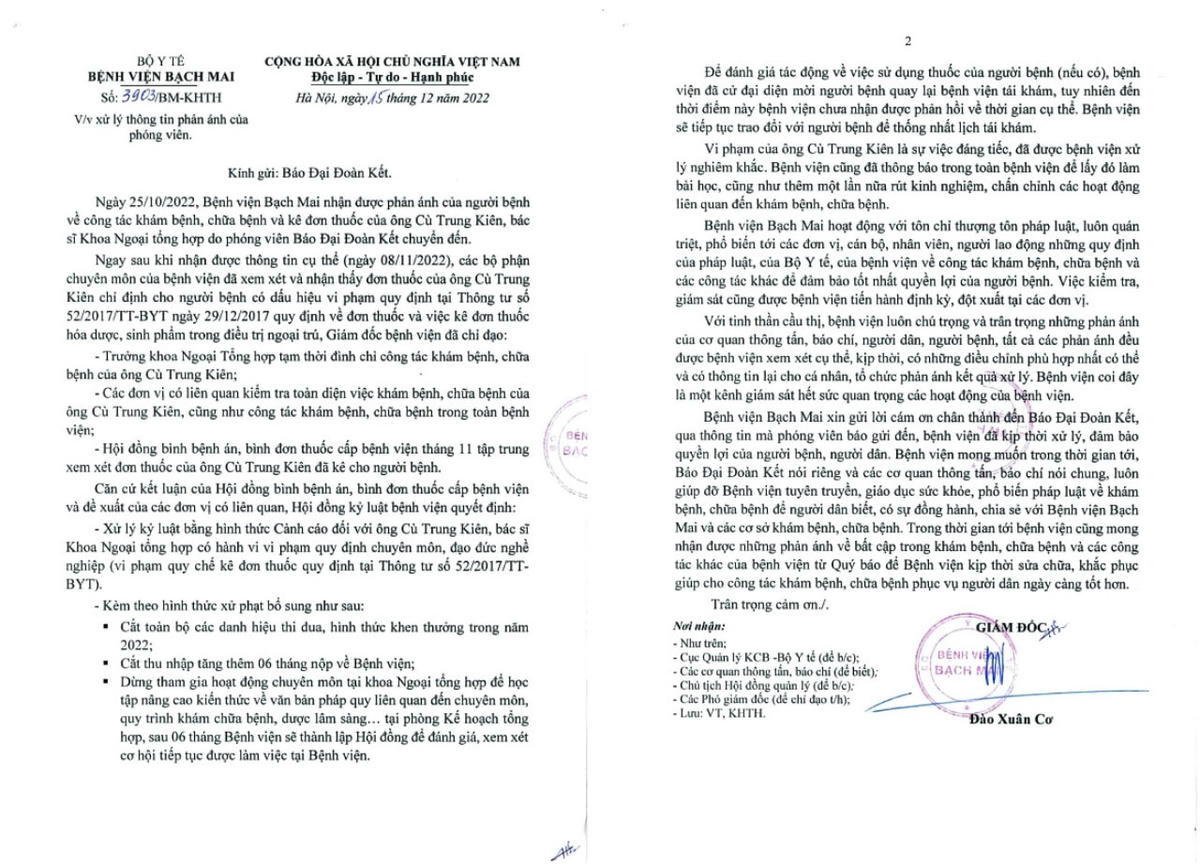 Bệnh viện Bạch Mai ghi nhận, xử lý sự việc và cảm ơn những phản ánh của Báo Đại Đoàn Kết