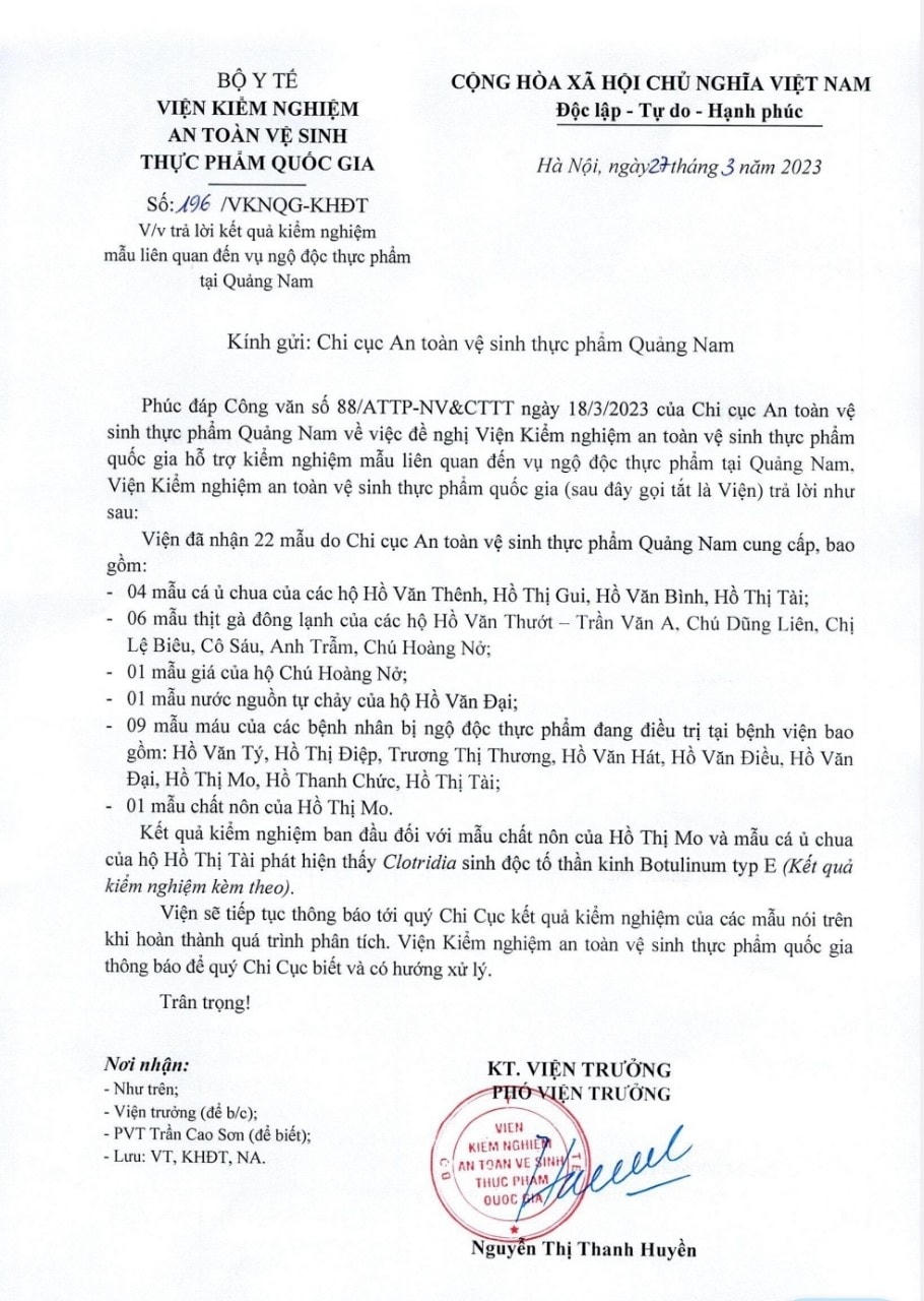 Văn bản Viện Kiểm nghiệm ATVSTP Quốc gia trả lời Chi cục ATVSTP Quảng Nam.