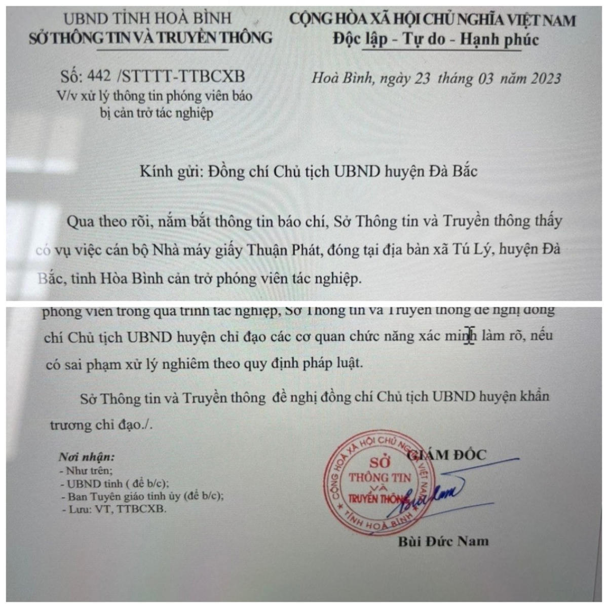 Văn bản đề nghị của Sở Thông tin và Truyền thông Hòa Bình.