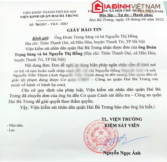 Vợ chồng bà Hồng gửi đơn đến nhiều cơ quan chức năng quận Hai Bà Trưng, cơ quan chức năng TP Hà Nội để nhờ sự vào cuộc nhằm bảo đảm an toàn tính mạng, sức khỏe cho 2 cháu.