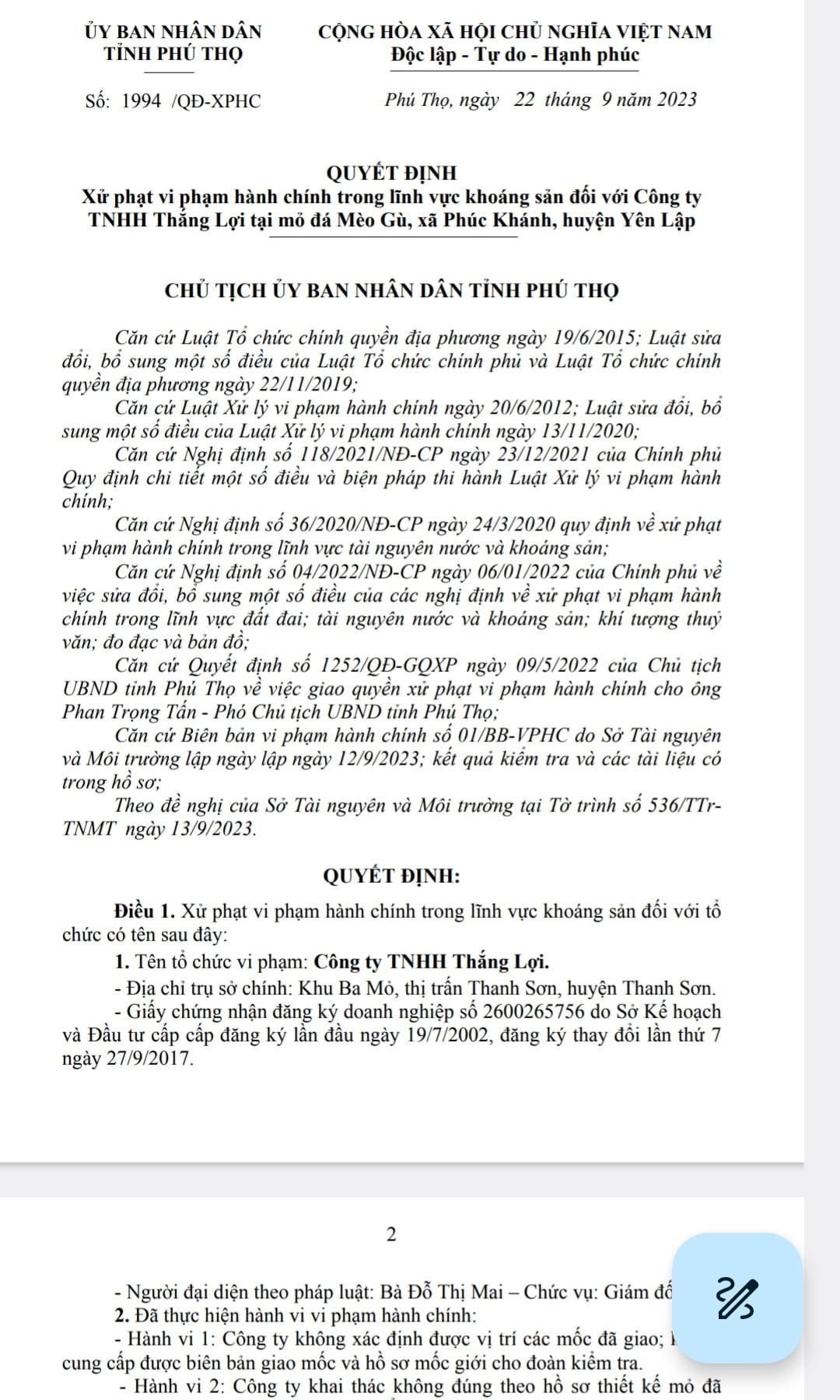Quyết định xử phạt của UBND tỉnh Phú Thọ đối với Công ty TNHH Thắng Lợi do vướng loạt vi phạm.