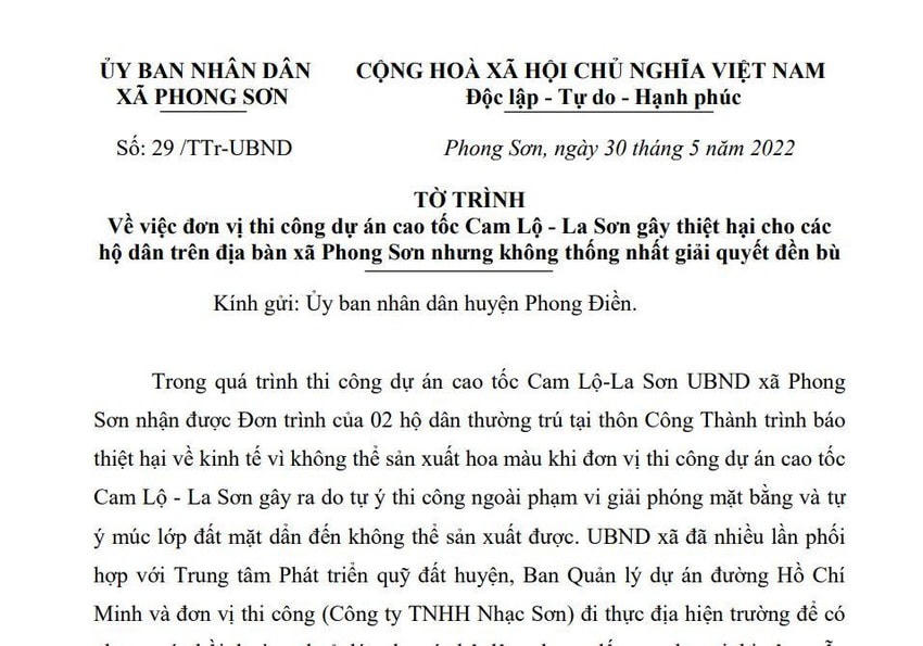 UBND xã Phong Sơn có tờ trình gửi UBND huyện Phong Điền về việc đơn vị thi công dự án cao tốc Cam Lô - La Sơn gây thiệt hại cho người dân nhưng không thống nhất giải quyết đền bù.