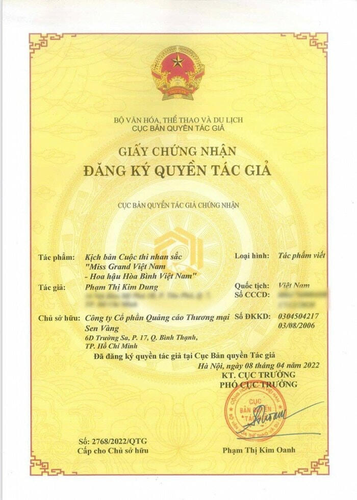 Giấy chứng nhận đăng ký quyền tác giả Cuộc thi Miss Grand Vietnam - Hoa hậu Hòa bình Việt Nam.