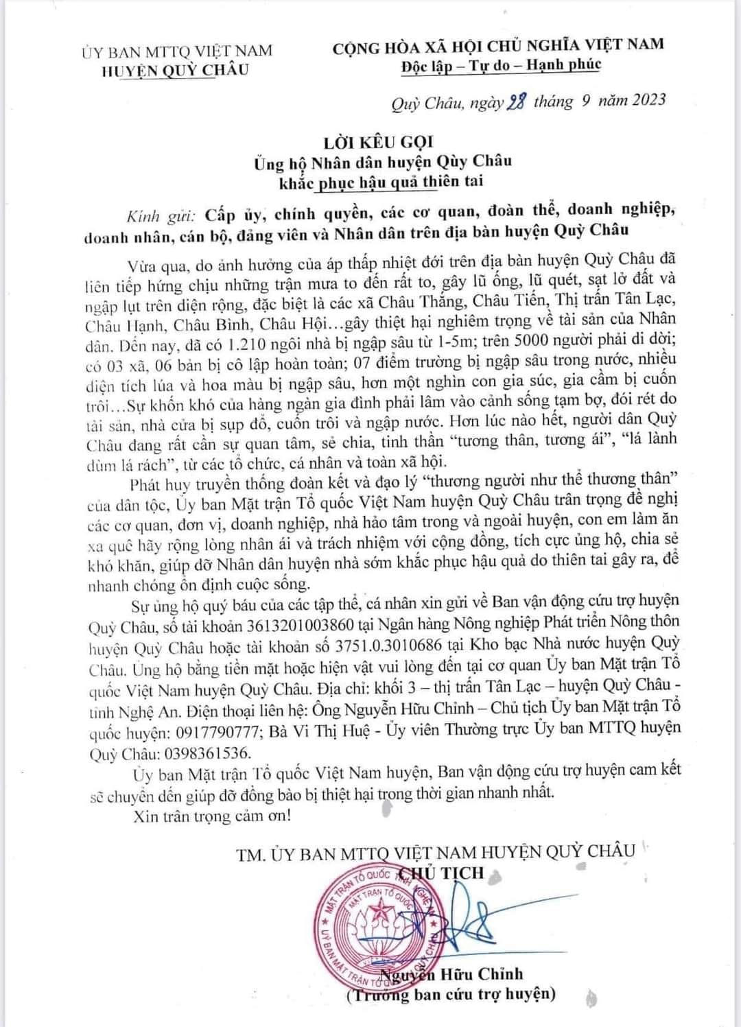 Uỷ ban MTTQ huyện Quỳ Châu phát Lời kêu gọi ủng hộ dân nhân huyện Quỳ Châu khắc phục hậu quả thiên tai.