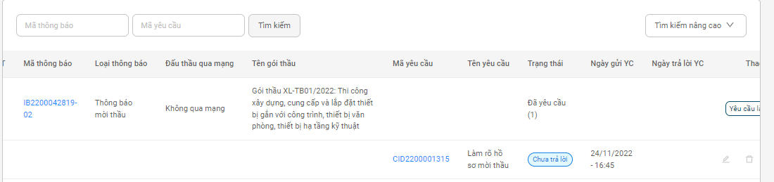 Yêu cầu làm rõ HSMT của đơn vị gửi lên hệ thống trước thời điểm đóng thầu