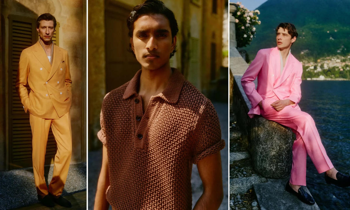 Nhà mốt Brioni - BST được hình dung dưới góc nhìn thơ mộng: Đi bộ trên vỉa hè phảng phất âm hưởng La Mã cổ đại, chuẩn bị dùng bữa tối ngoài trời giữa một buổi tối mùa hè oi ả. Bạn đang mặc bộ đồ jacquard lụa màu hồng phấn tinh tế nhất, vừa vặn như một chiếc găng tay nhưng lại nhẹ nhàng như làn sương bay trong gió. Tóm lại, đây là "một bước đột phá mới trong sự điềm tĩnh của một người đàn ông".