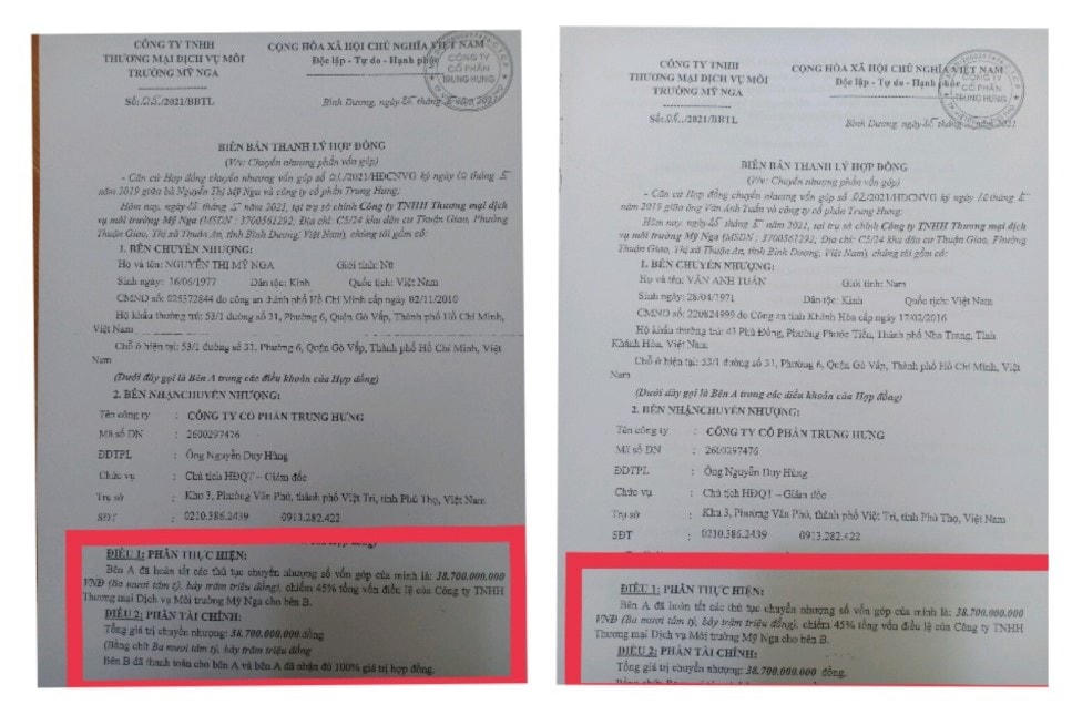 Bản thanh lý hợp đồng thể hiện việc Công ty CP Trung Hưng thanh toán bảy mươi bảy tỷ, ba trăm chín mươi triệu đồng chẵn để mua 90% cổ phần của Công ty Mỹ Nga.
